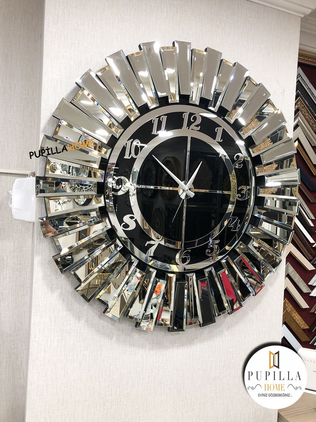 Güneş Model Aynalı Saat Gümüş Renk Türkçe Rakam 60 cm