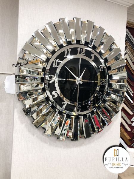 Güneş Model Aynalı Saat Gümüş Renk Türkçe Rakam 60 cm 