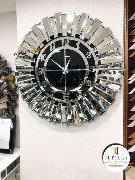 Güneş Model Aynalı Saat Gümüş Renk Türkçe Rakam 60 cm 