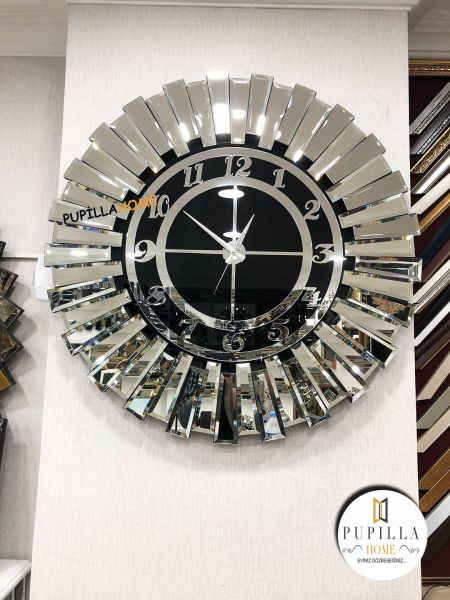 Güneş Model Aynalı Saat Gümüş Renk Türkçe Rakam 60 cm 