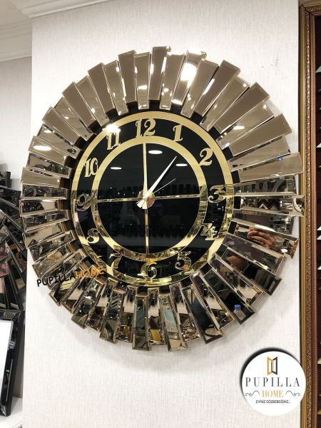 Güneş Model Aynalı Saat Bronz Renk Türkçe Rakam 60 cm 