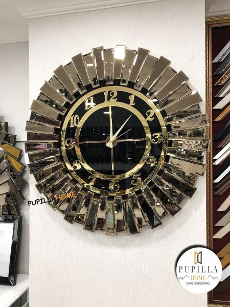 Güneş Model Aynalı Saat Bronz Renk Türkçe Rakam 60 cm