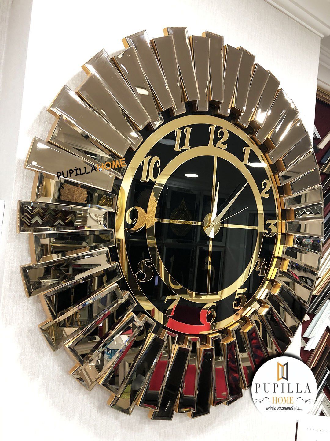 Güneş Model Aynalı Saat Bronz Renk Türkçe Rakam 80 cm