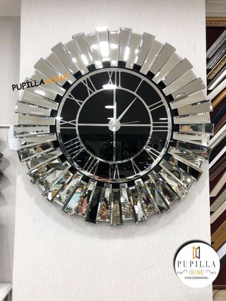 Güneş Model Aynalı Saat Gümüş Renk Roma Rakam 60 cm