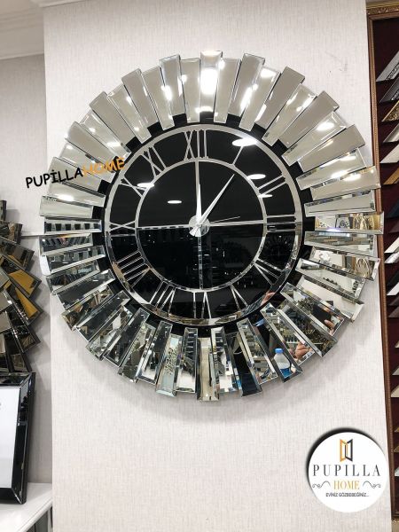 Güneş Model Aynalı Saat Gümüş Renk Roma Rakam 60 cm