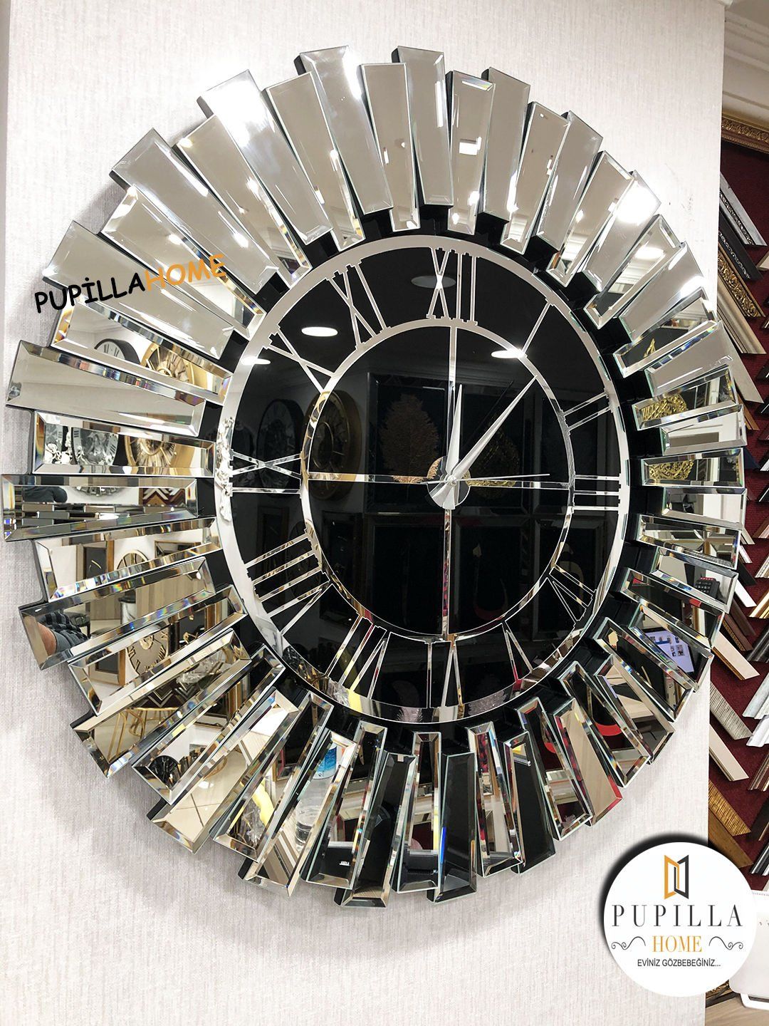 Güneş Model Aynalı Saat Gümüş Renk Roma Rakam 80 cm