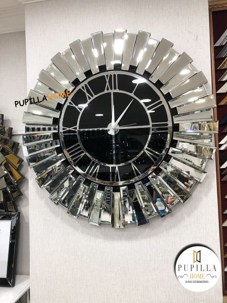 Güneş Model Aynalı Saat Gümüş Renk Roma Rakam 80 cm