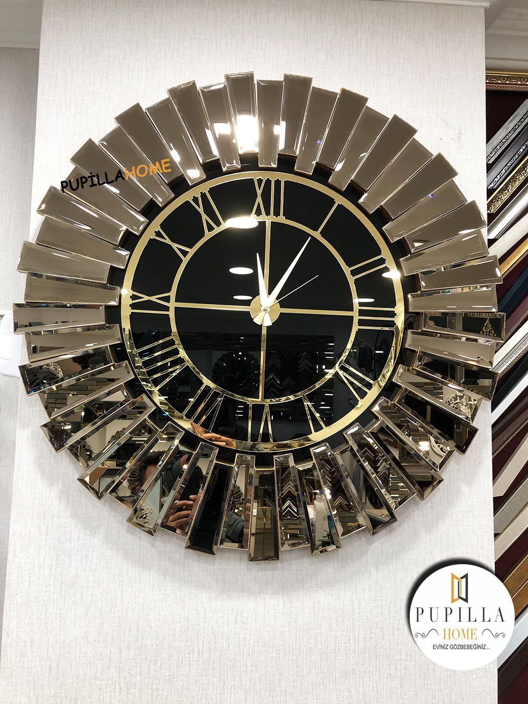 Güneş Model Aynalı Saat Bronz Renk Roma Rakam 60 cm