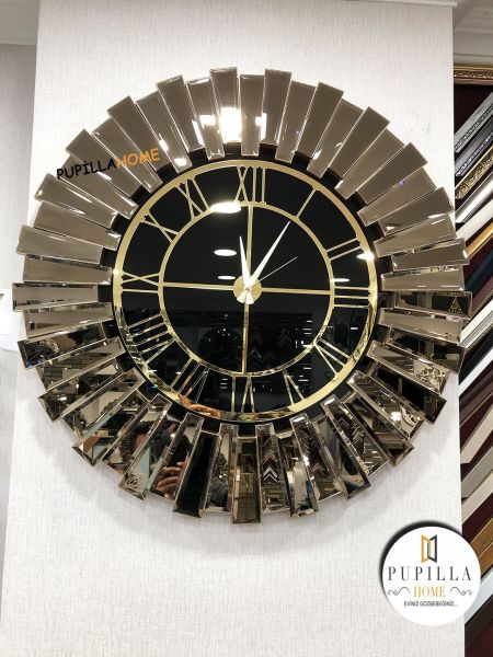 Güneş Model Aynalı Saat Bronz Renk Roma Rakam 60 cm