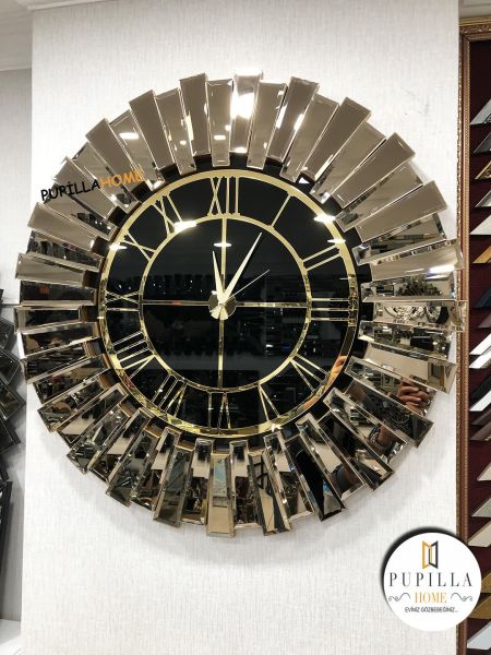 Güneş Model Aynalı Saat Bronz Renk Roma Rakam 60 cm