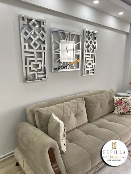 Sarmaşık Model Aynalı Saat Set Gümüş Renk