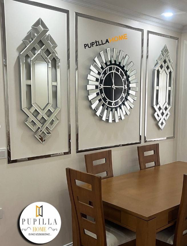 Sivri Model Aynalı Saat Set Gümüş Renk