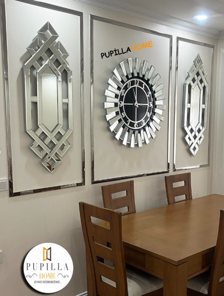 Sivri Model Aynalı Saat Set Gümüş Renk