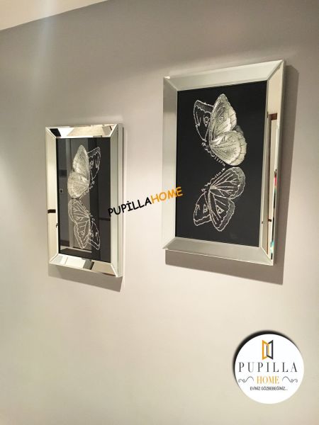 Gümüş Renk İkili Kelebek Simli Tablo