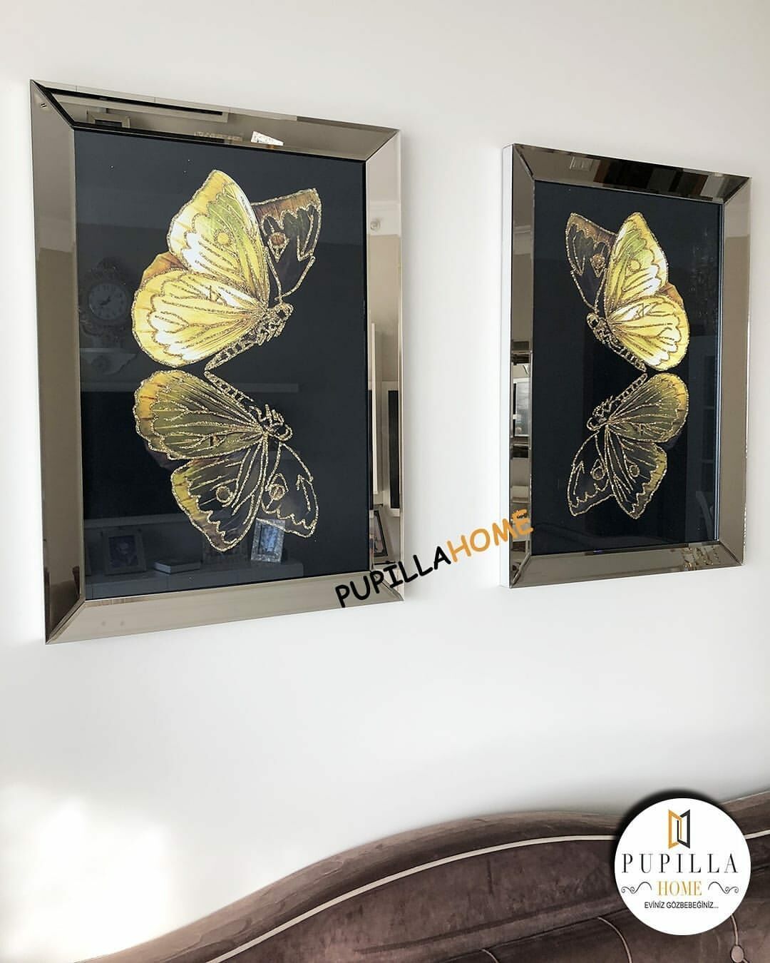 Bronz Renk İkili Kelebek Simli Tablo