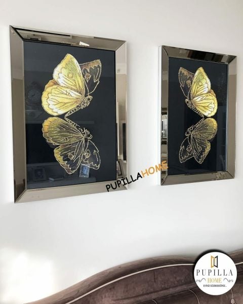Bronz Renk İkili Kelebek Simli Tablo