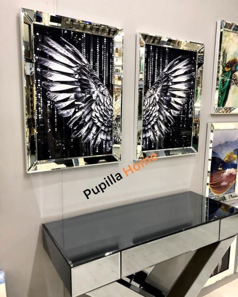 Gümüş Renk İkili Damlalı Melek Kanadı Camlı Tablo