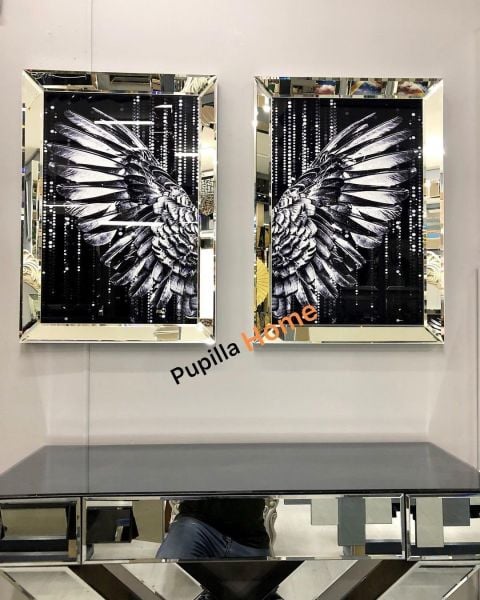 Gümüş Renk İkili Damlalı Melek Kanadı Camlı Tablo