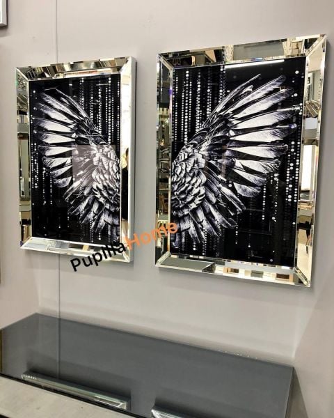 Gümüş Renk İkili Damlalı Melek Kanadı Camlı Tablo