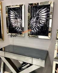 Gümüş Renk İkili Damlalı Melek Kanadı Camlı Tablo