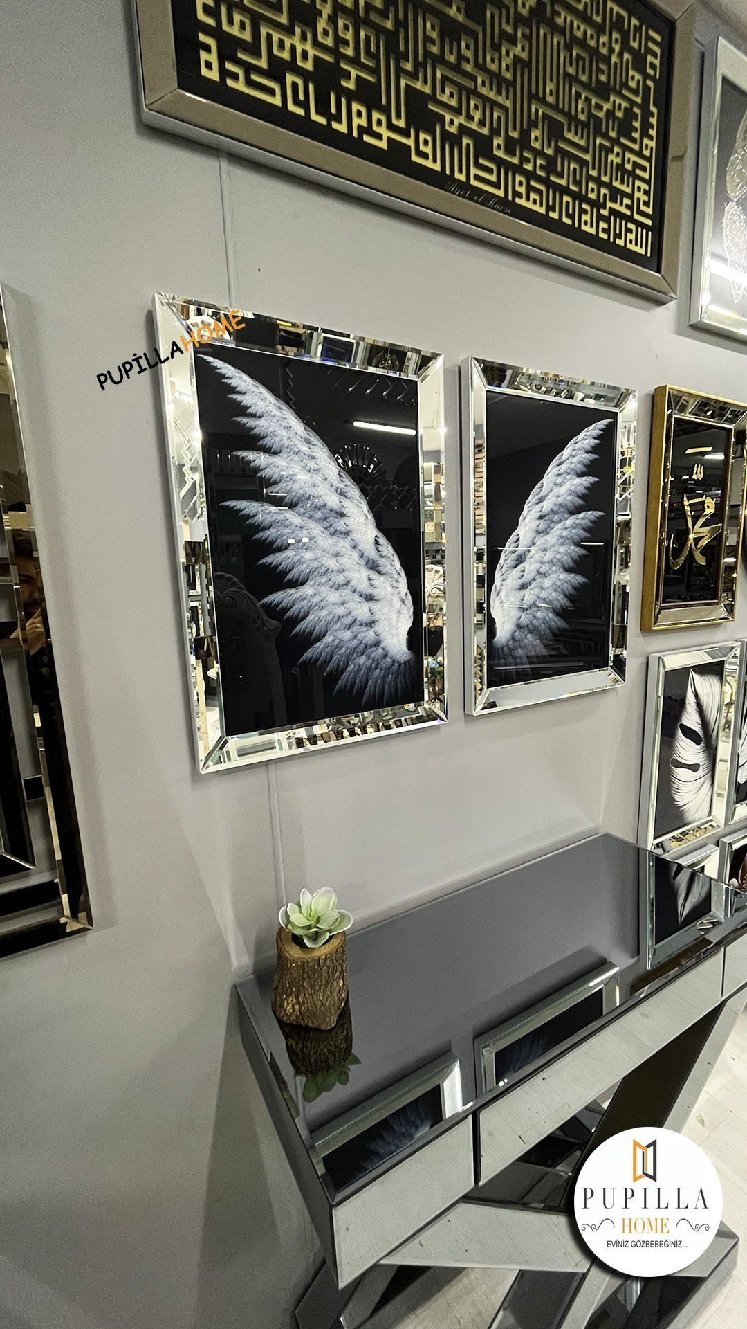 Gümüş Renk İkili Melek Kanadı Camlı Tablo