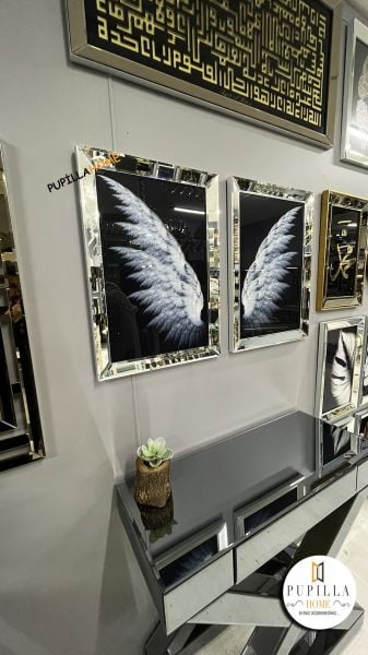 Gümüş Renk İkili Melek Kanadı Camlı Tablo