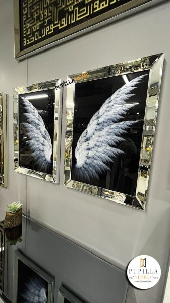 Gümüş Renk İkili Melek Kanadı Camlı Tablo