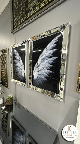 Gümüş Renk İkili Melek Kanadı Camlı Tablo