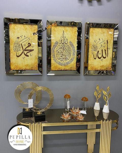 Bronz Renk Üçlü Allah C.C Hz. Muhammed SAV. Ayetel Kürsi Tablo Set