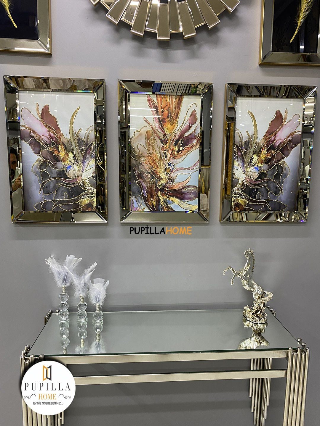 Bronz Renk Üçlü Mor Bulut Tablo Set