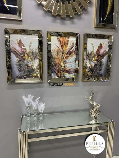 Bronz Renk Üçlü Mor Bulut Tablo Set