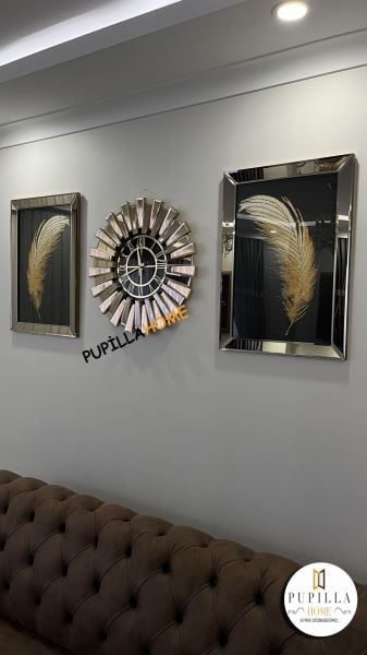 Bronz Renk İkili Gelincik Simli Tablo Güneş Model Aynalı Saat