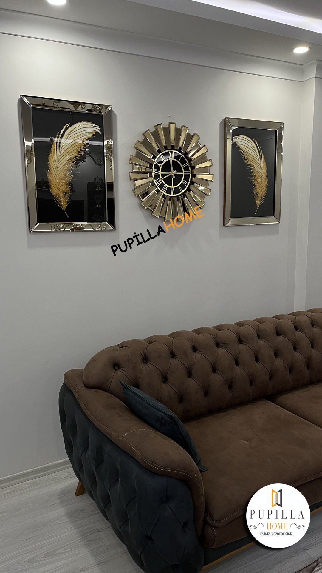 Bronz Renk İkili Gelincik Simli Tablo Güneş Model Aynalı Saat Roma Rakam