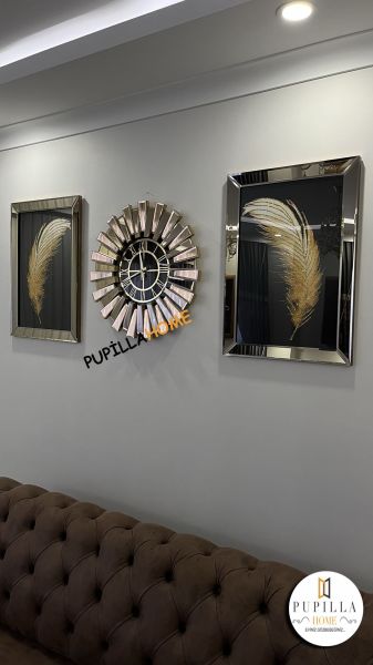 Bronz Renk İkili Gelincik Simli Tablo Güneş Model Aynalı Saat Roma Rakam