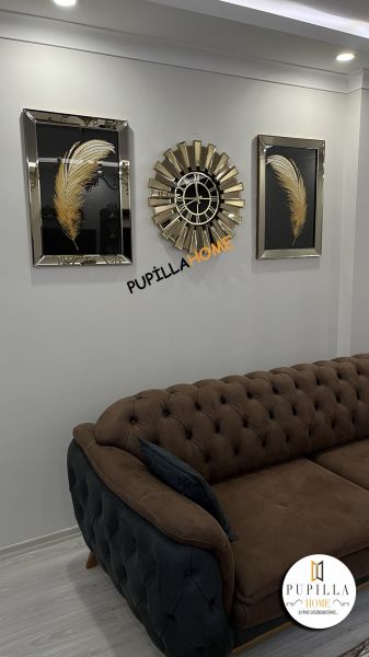 Bronz Renk İkili Gelincik Simli Tablo Güneş Model Aynalı Saat Roma Rakam