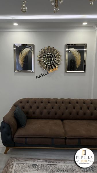 Bronz Renk İkili Gelincik Simli Tablo Güneş Model Aynalı Saat Türkçe Rakam