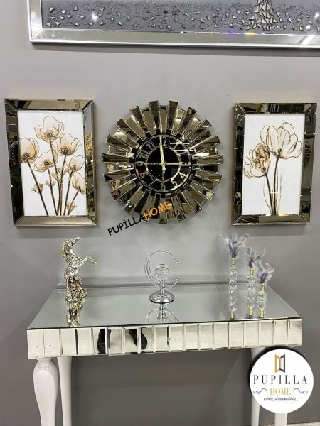 Bronz Renk İkili Gelincik Simli Tablo Güneş Model Aynalı Saat