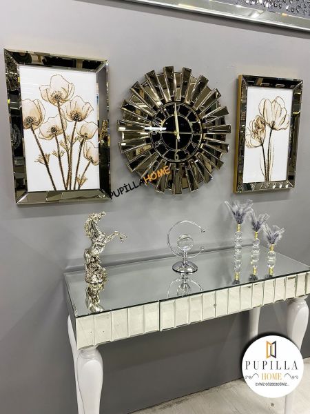 Bronz Renk İkili Gelincik Simli Tablo Güneş Model Aynalı Saat Roma Rakam