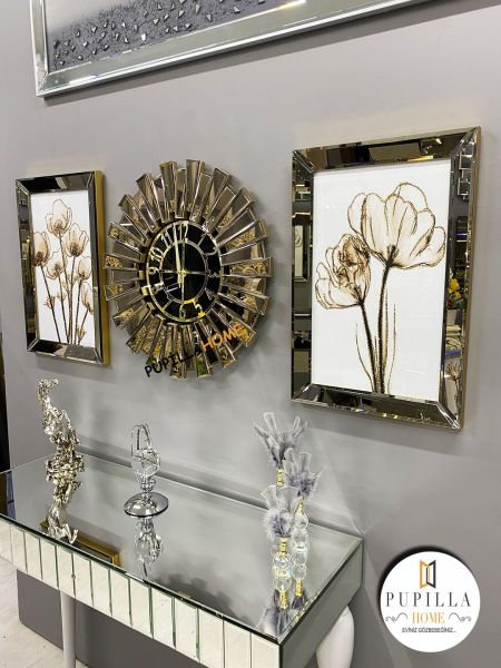 Bronz Renk İkili Gelincik Simli Tablo Güneş Model Aynalı Saat Roma Rakam