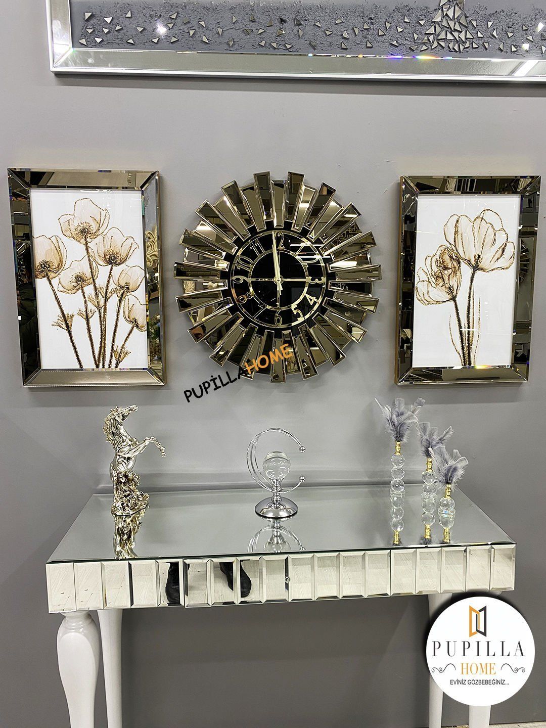 Bronz Renk İkili Gelincik Simli Tablo Güneş Model Aynalı Saat Türkçe Rakam