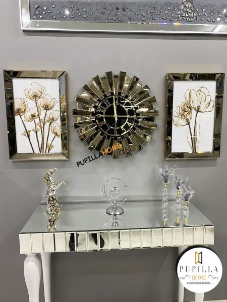 Bronz Renk İkili Gelincik Simli Tablo Güneş Model Aynalı Saat Türkçe Rakam