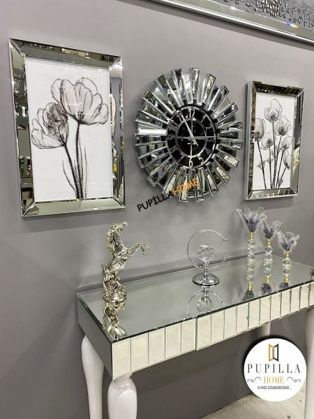 Gümüş Renk İkili Gelincik Simli Tablo Güneş Model Aynalı Saat