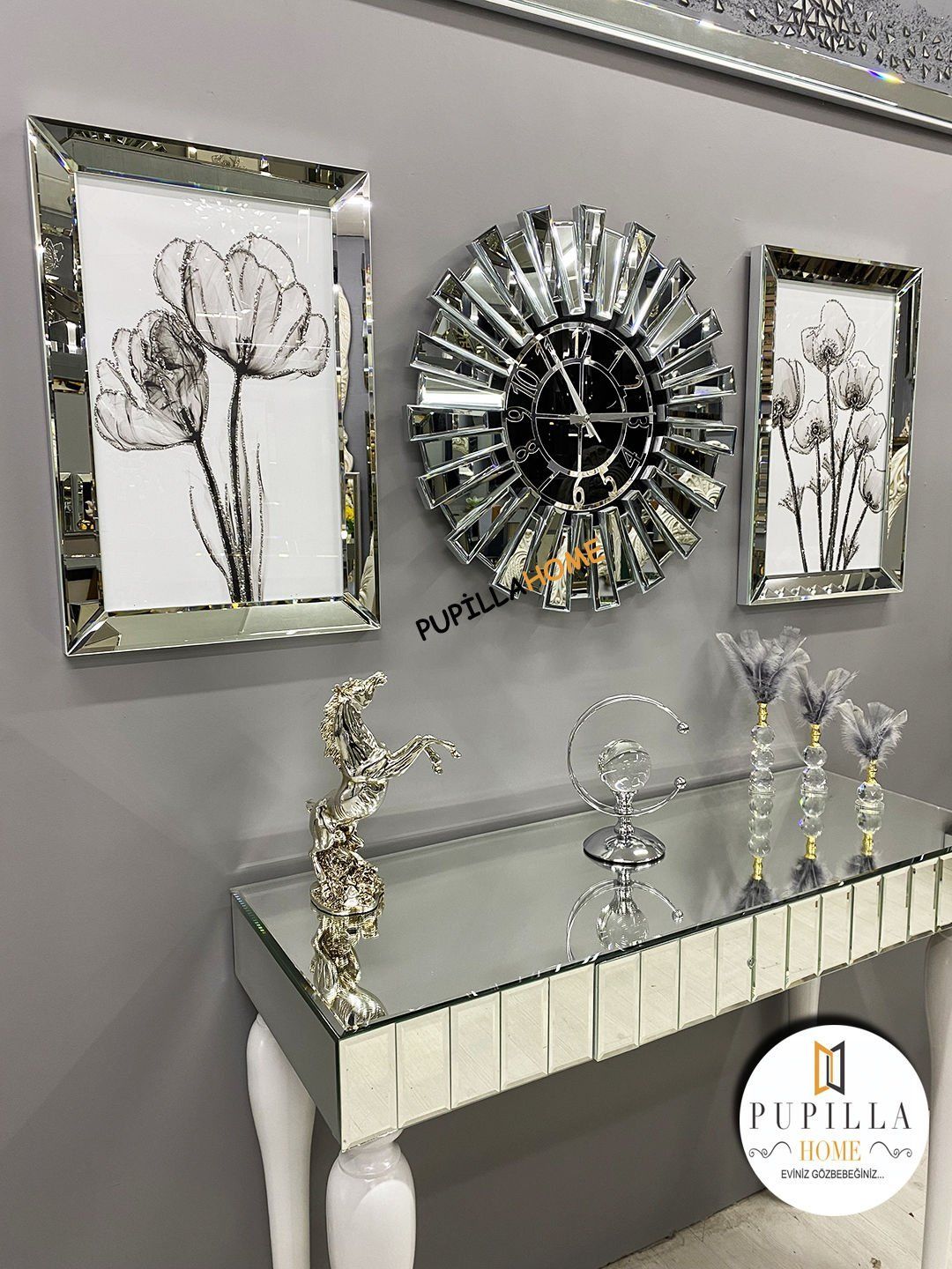 Gümüş Renk İkili Gelincik Simli Tablo Güneş Model Aynalı Saat Roma Rakam