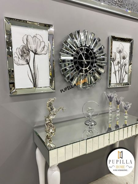 Gümüş Renk İkili Gelincik Simli Tablo Güneş Model Aynalı Saat Roma Rakam