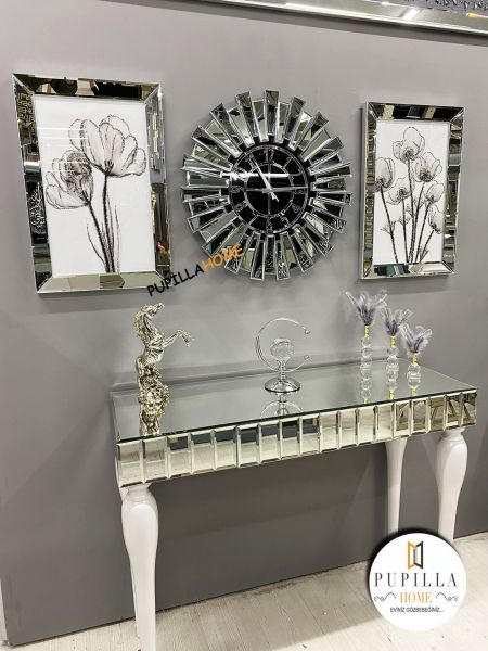 Gümüş Renk İkili Gelincik Simli Tablo Güneş Model Aynalı Saat Roma Rakam