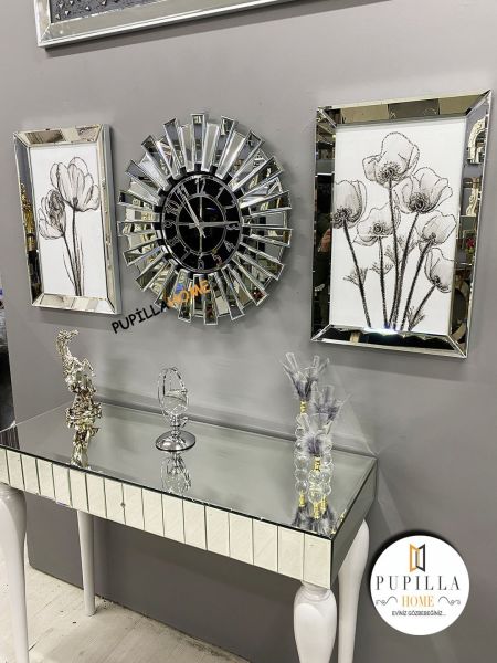 Gümüş Renk İkili Gelincik Simli Tablo Güneş Model Aynalı Saat Roma Rakam