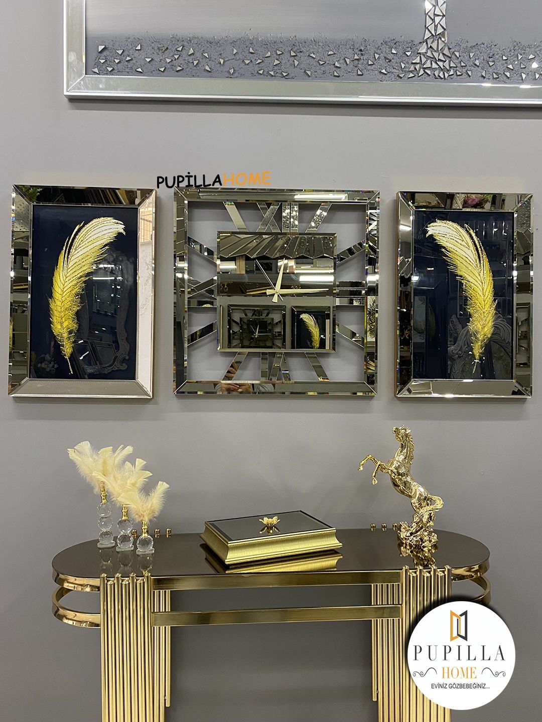 Bronz Renk İkili Tüy Simli Tablo Kare Model Aynalı Saat