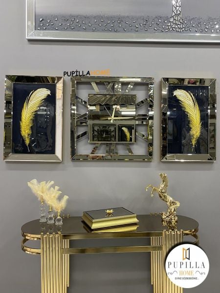 Bronz Renk İkili Tüy Simli Tablo Kare Model Aynalı Saat