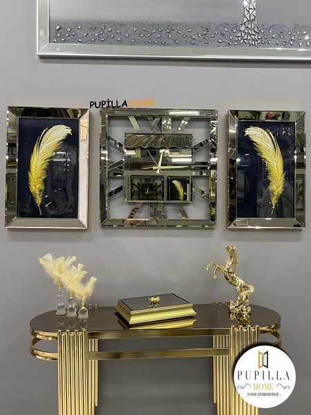 Bronz Renk İkili Tüy Simli Tablo Kare Model Aynalı Saat