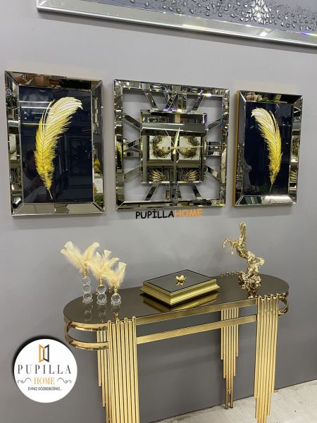 Bronz Renk İkili Tüy Simli Tablo Kare Model Aynalı Saat